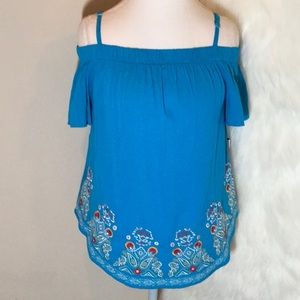A. BYER Turquoise Embroidered Crepe Top Size M NWT